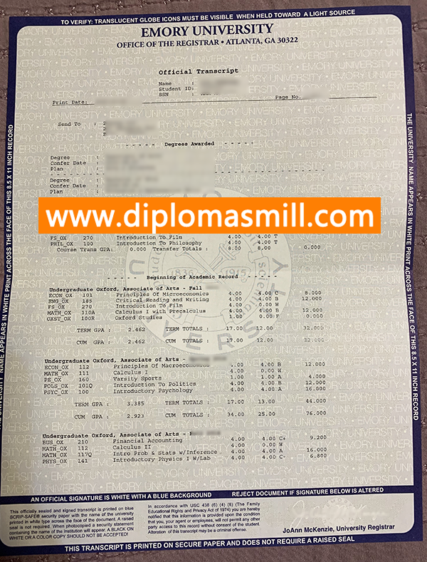 Custom Official Emory University Transcript