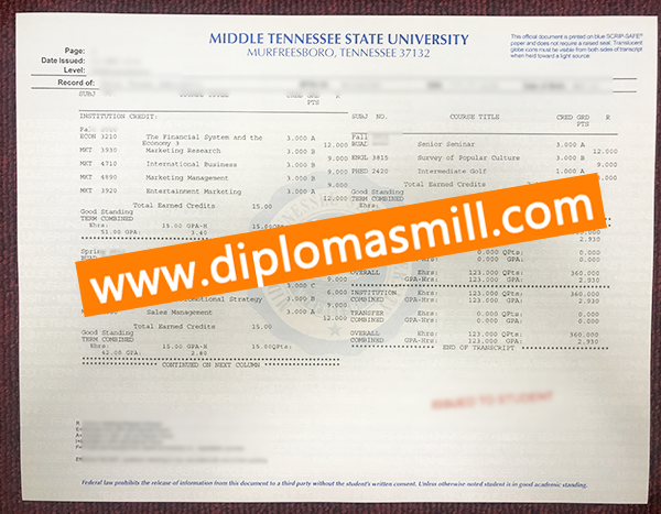 Order Middle Tennessee State University Transcript