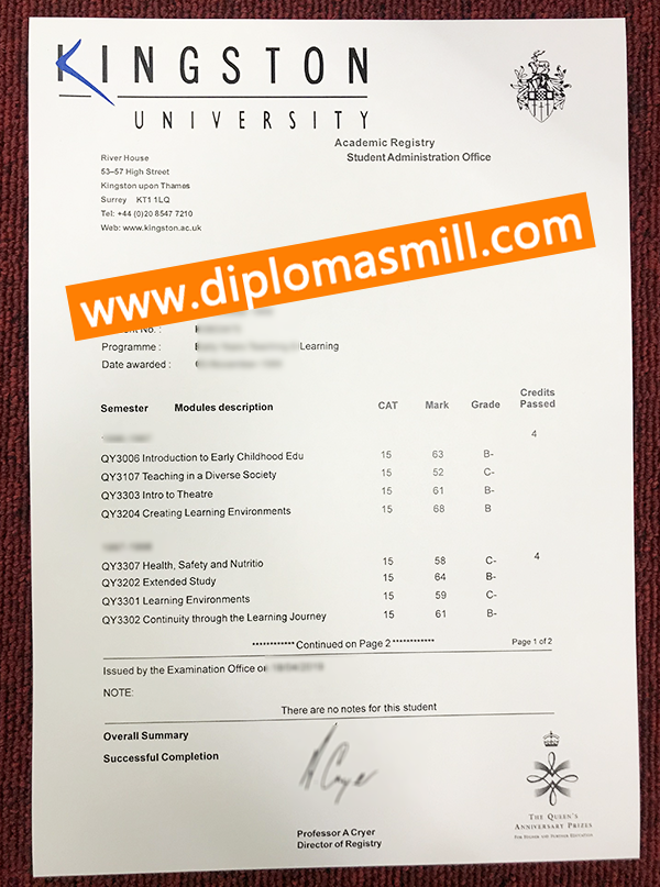 Sale Original Kingston University Transcript