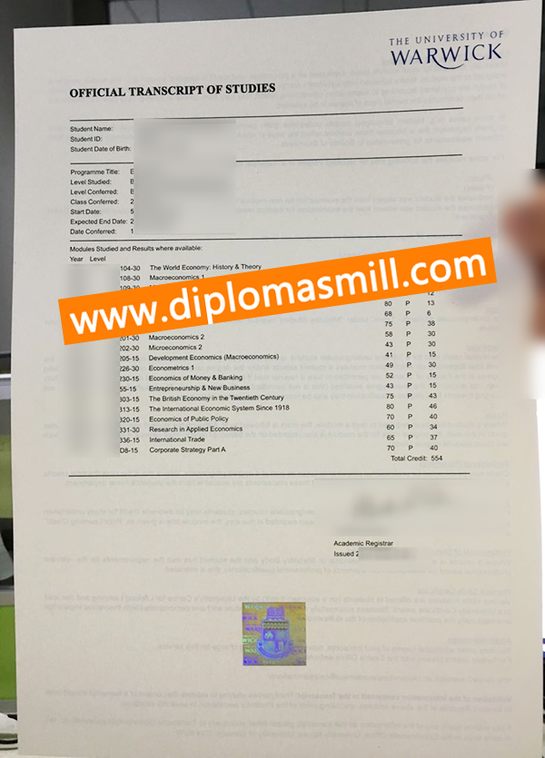 Purchase UK University of Warwick transcript