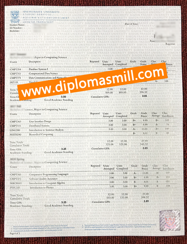 Pick up fake Simon Fraser University transcript