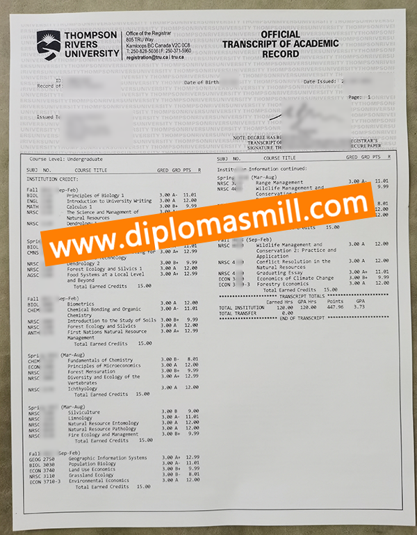 Custom official Thompson River University transcript