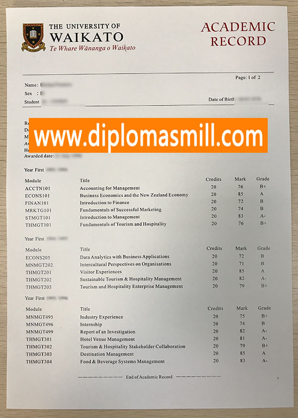 Sale replica University of Waikato transcript