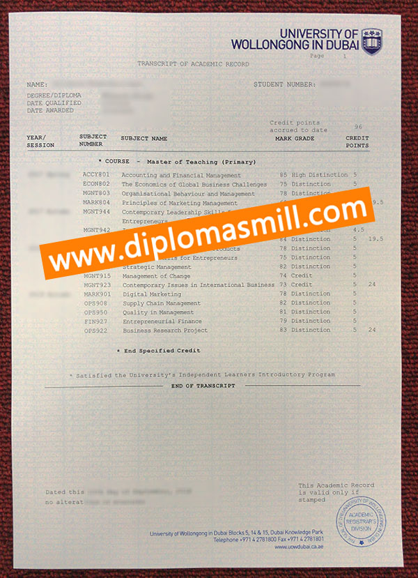 Sale University of Wollongong in Dubai fake transcript