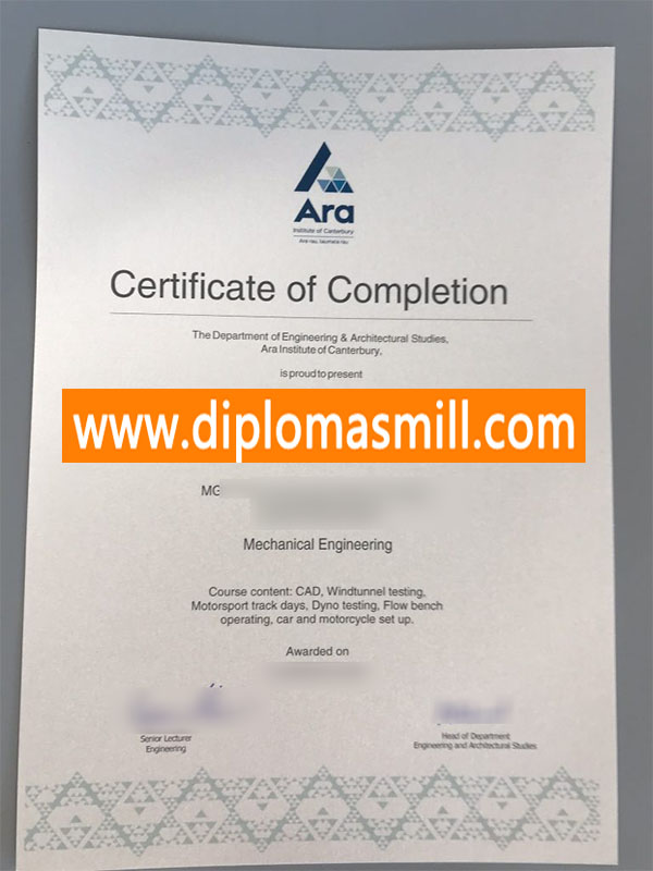 Custom fake Ara Institute of Canterbury diploma
