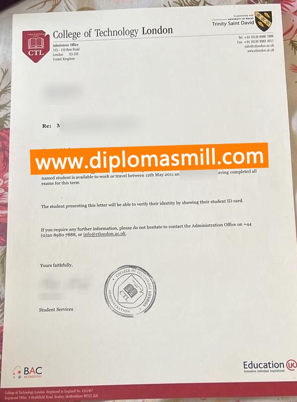Supply fake College of Technology London letter