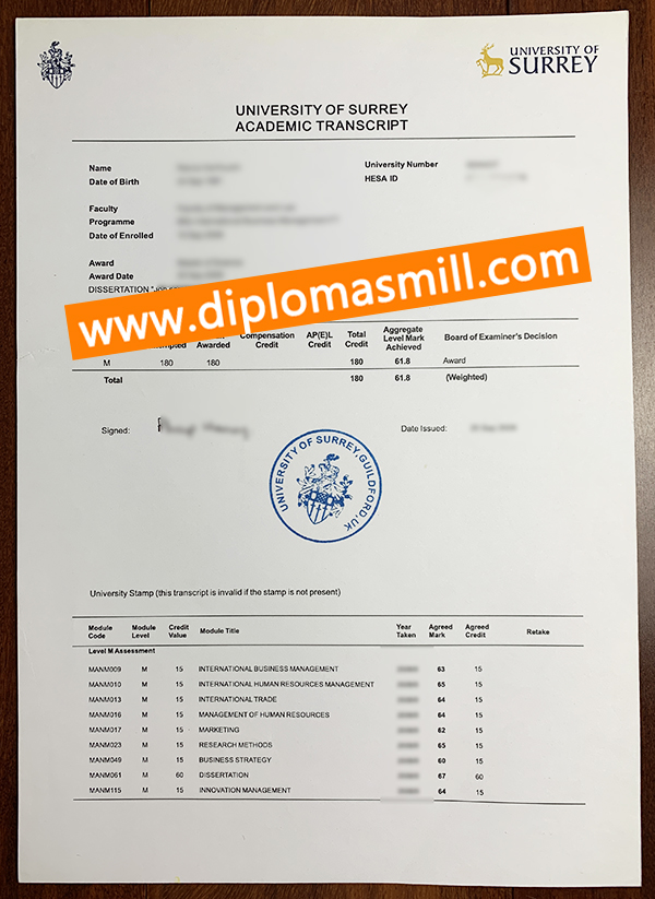 How to order fake University of Surrey transcript？