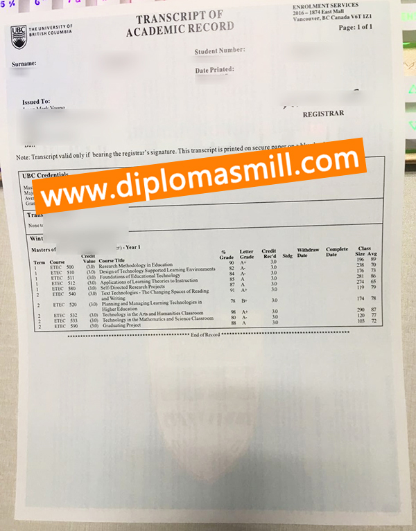 Make fake University of British Columbia transcript